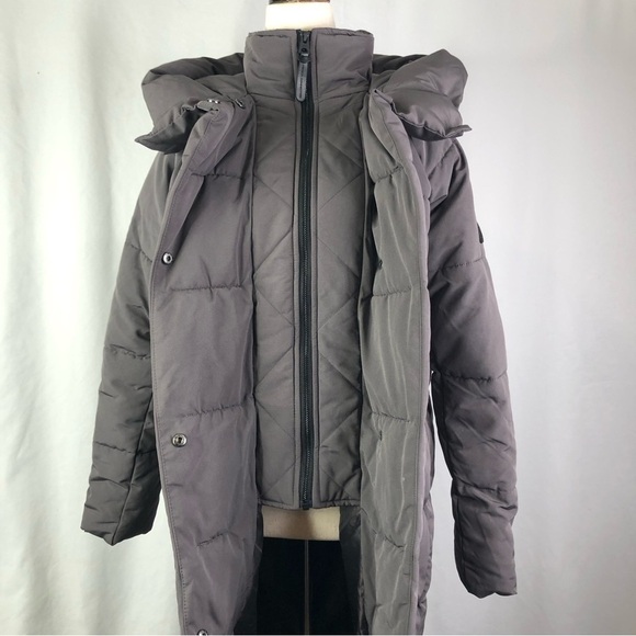 French Connection puffer coat long matte grey hood zip and snaps XS - Picture 2 of 12